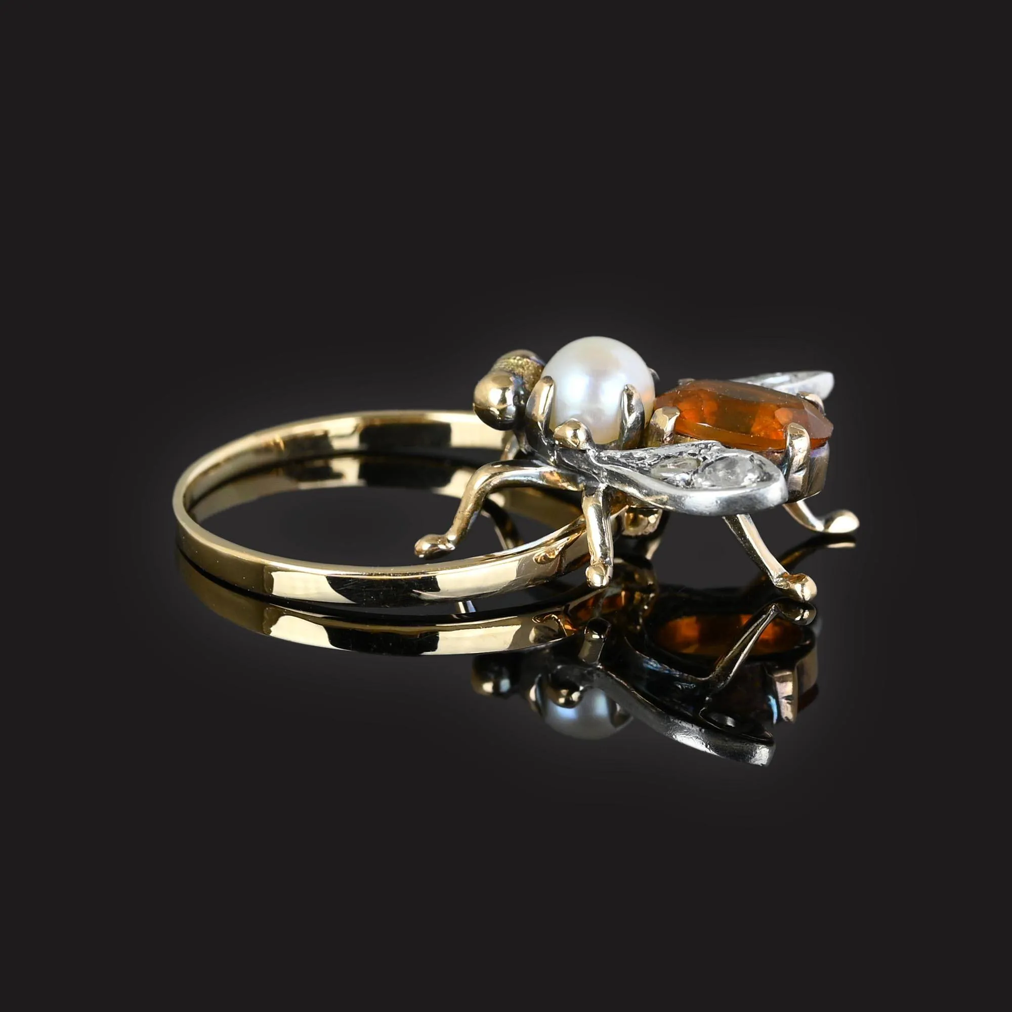 Antique Diamond Citrine Pearl 18K Gold Insect Ring