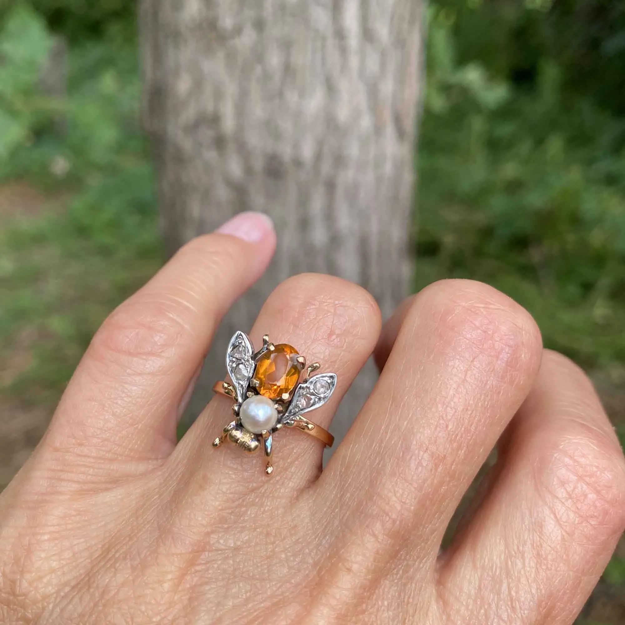 Antique Diamond Citrine Pearl 18K Gold Insect Ring