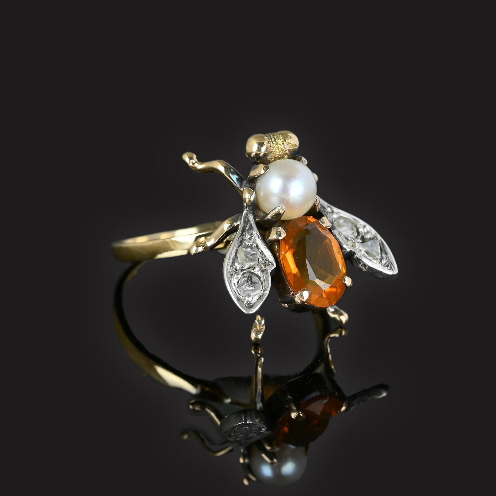 Antique Diamond Citrine Pearl 18K Gold Insect Ring