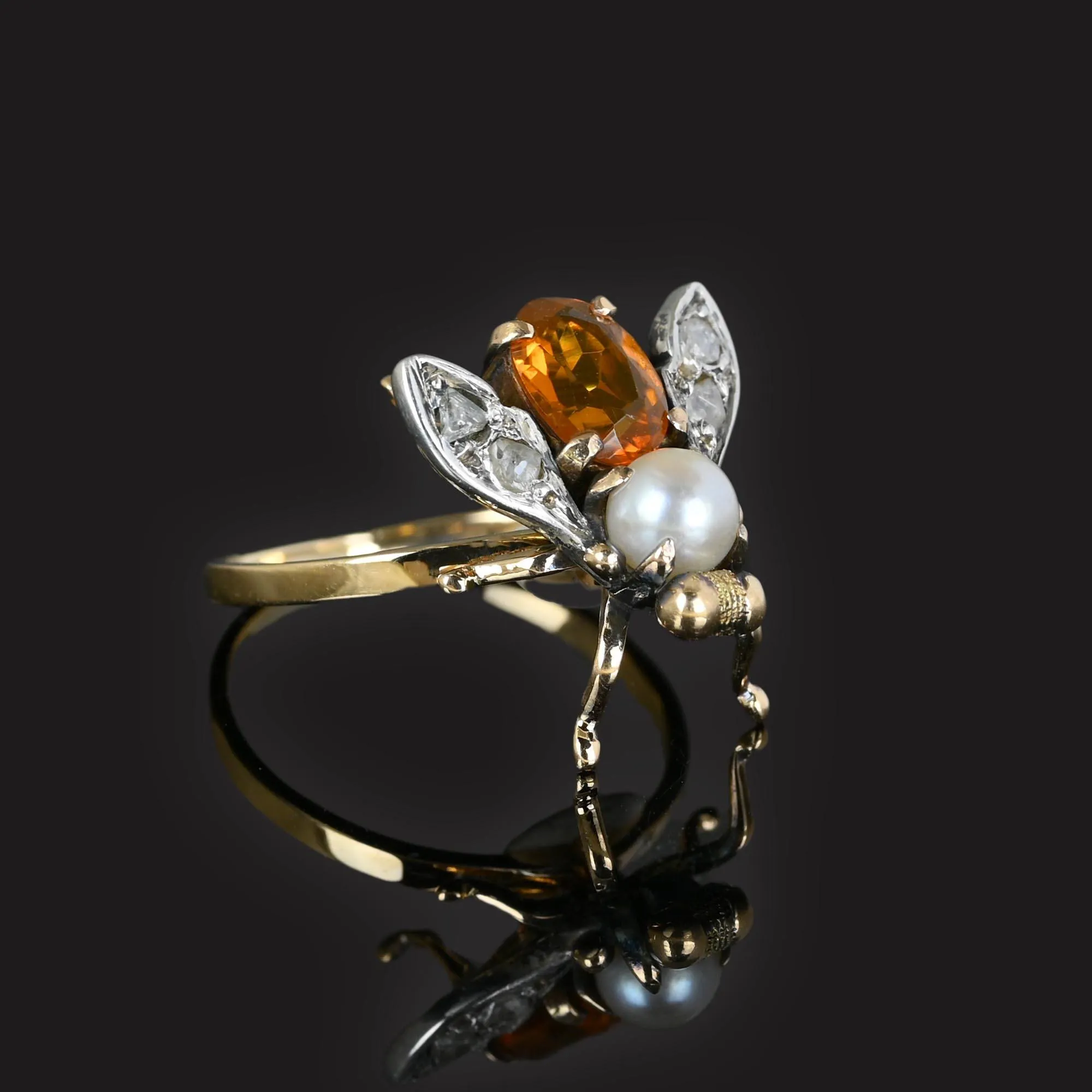 Antique Diamond Citrine Pearl 18K Gold Insect Ring