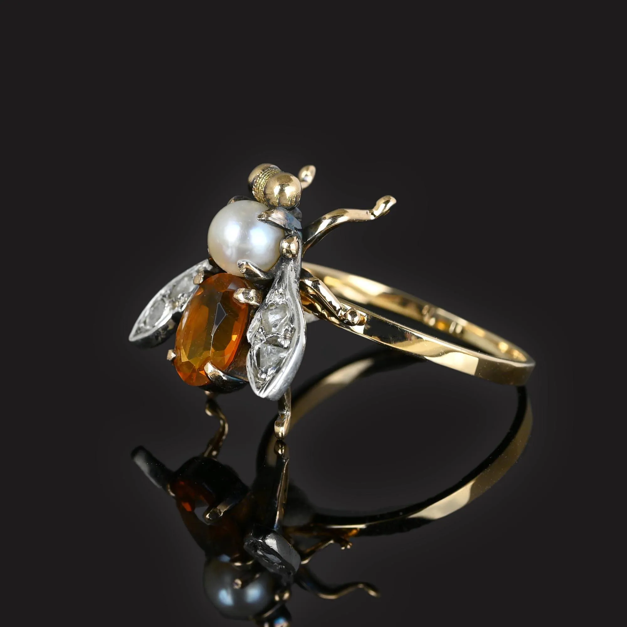 Antique Diamond Citrine Pearl 18K Gold Insect Ring