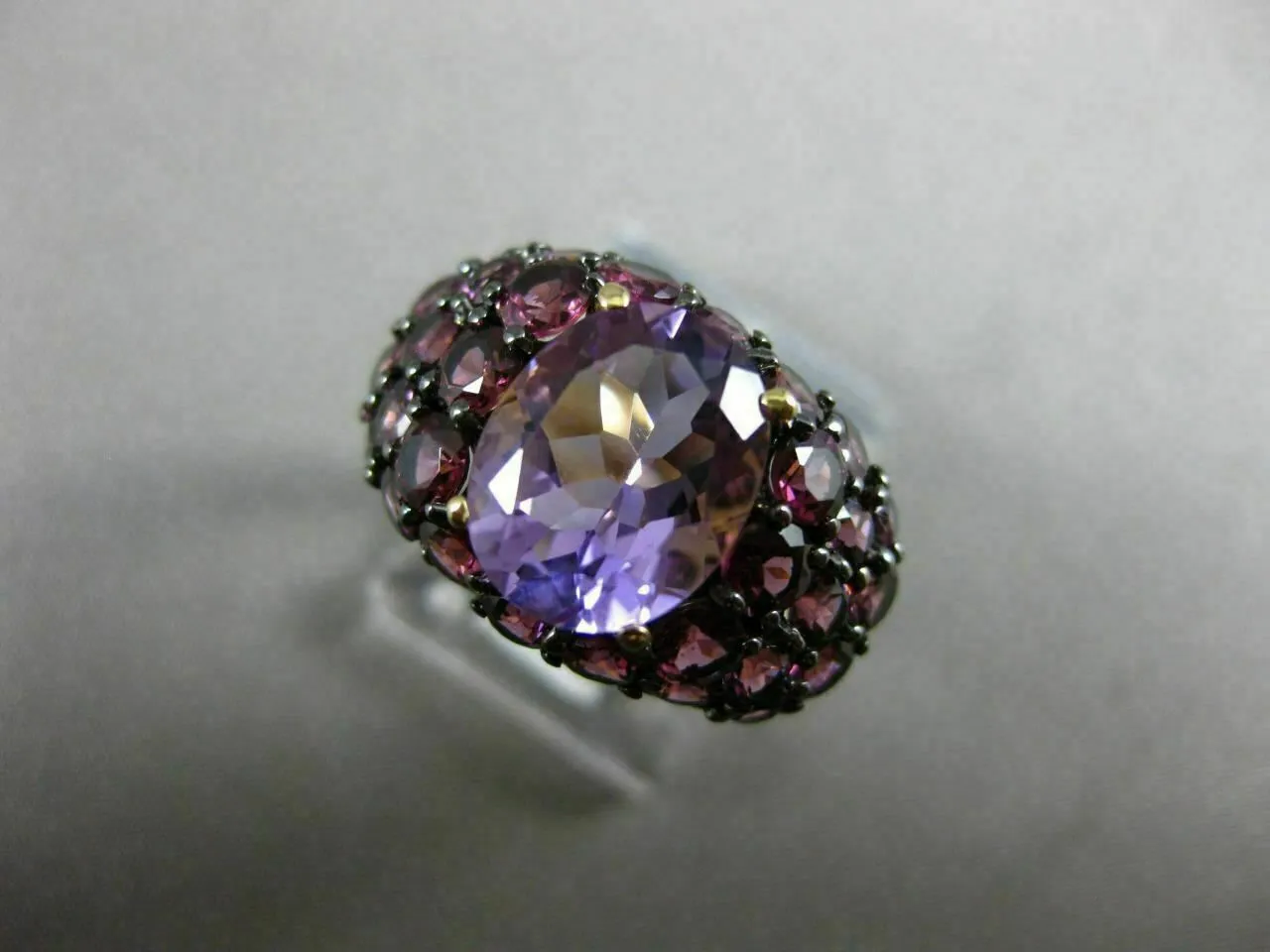 ANTIQUE LARGE 4.72CT AAA ROUND PINK GARNET & OVAL AMETHYST 14KT YELLOW GOLD RING