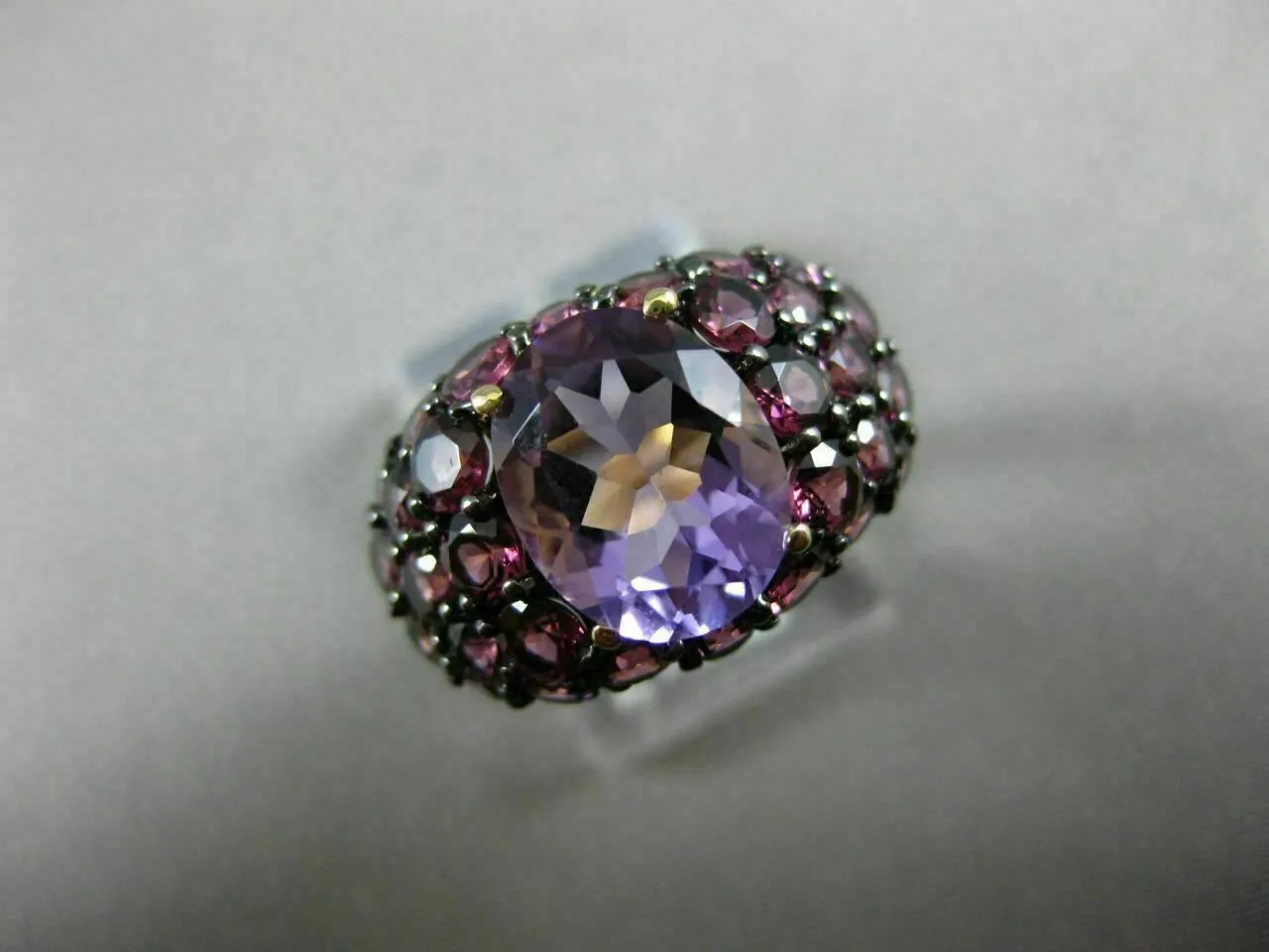 ANTIQUE LARGE 4.72CT AAA ROUND PINK GARNET & OVAL AMETHYST 14KT YELLOW GOLD RING