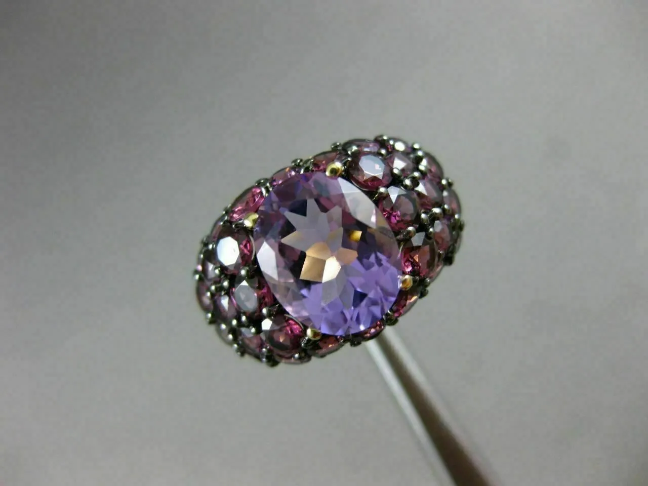 ANTIQUE LARGE 4.72CT AAA ROUND PINK GARNET & OVAL AMETHYST 14KT YELLOW GOLD RING