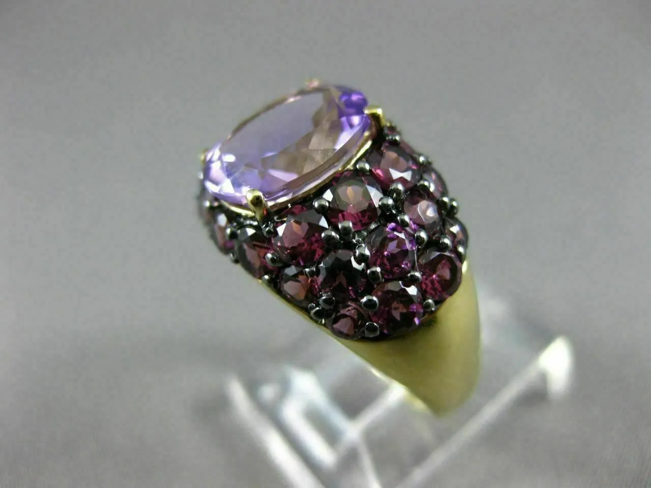 ANTIQUE LARGE 4.72CT AAA ROUND PINK GARNET & OVAL AMETHYST 14KT YELLOW GOLD RING