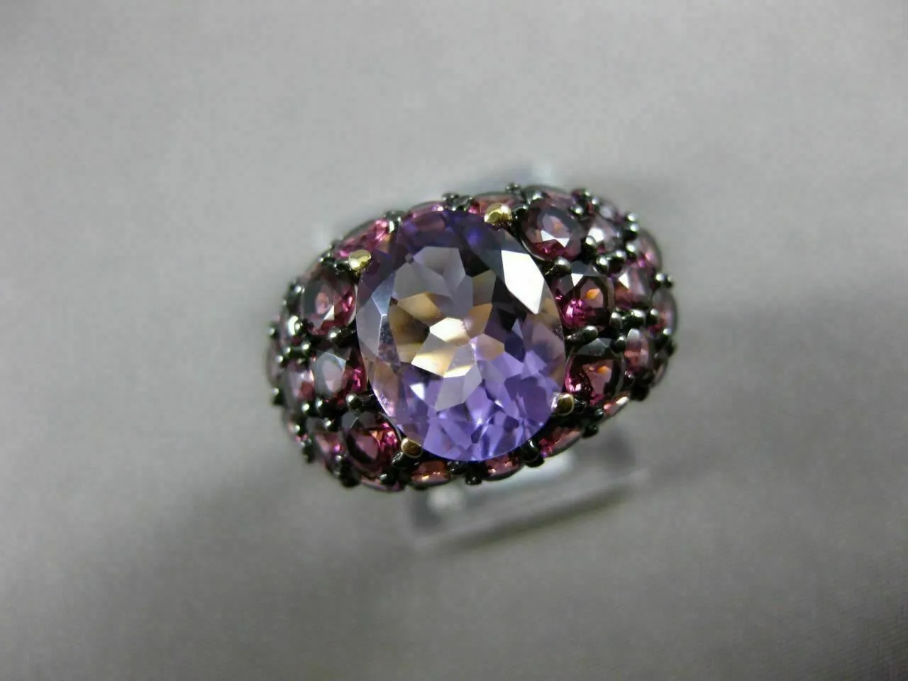 ANTIQUE LARGE 4.72CT AAA ROUND PINK GARNET & OVAL AMETHYST 14KT YELLOW GOLD RING