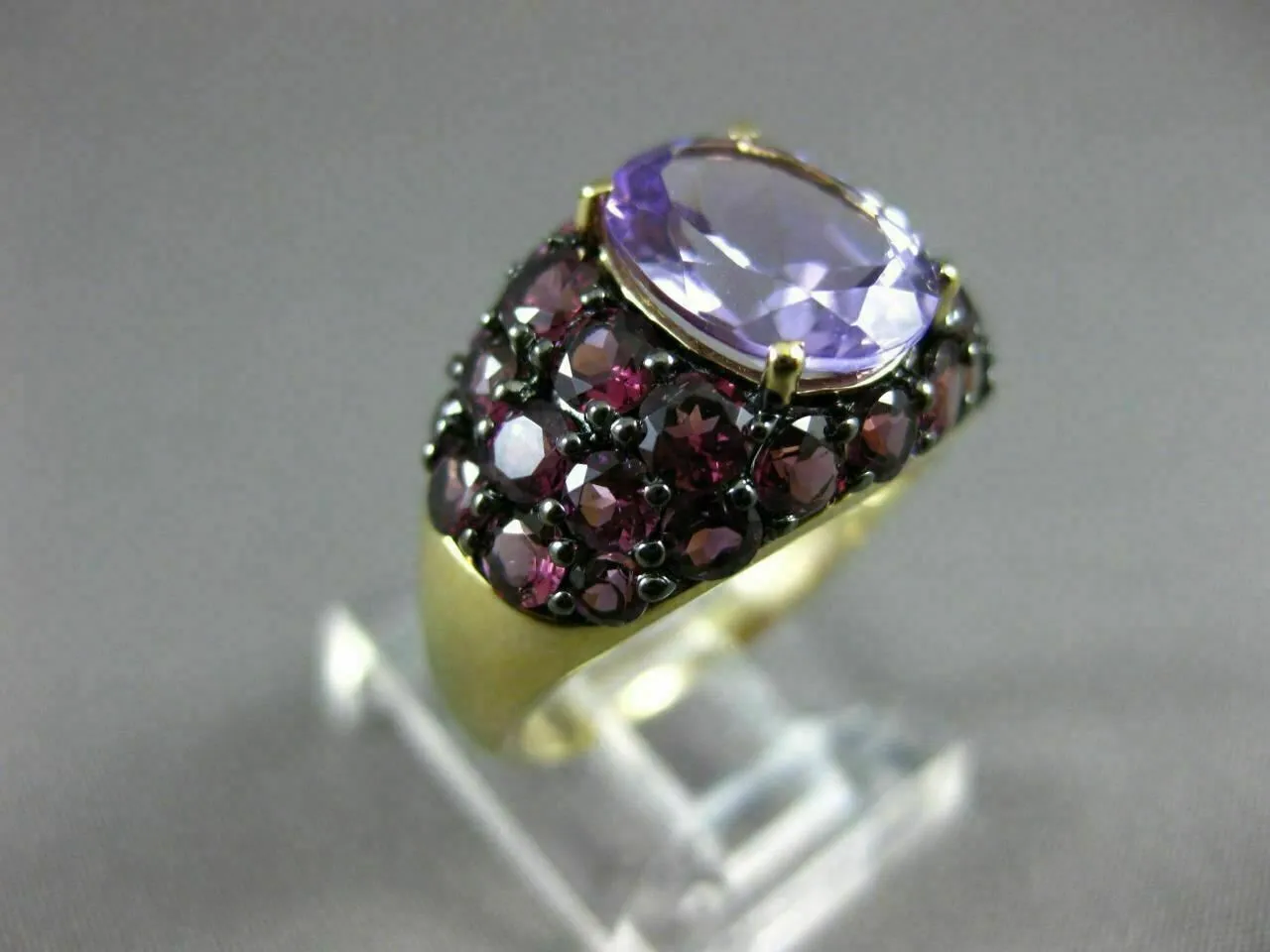 ANTIQUE LARGE 4.72CT AAA ROUND PINK GARNET & OVAL AMETHYST 14KT YELLOW GOLD RING