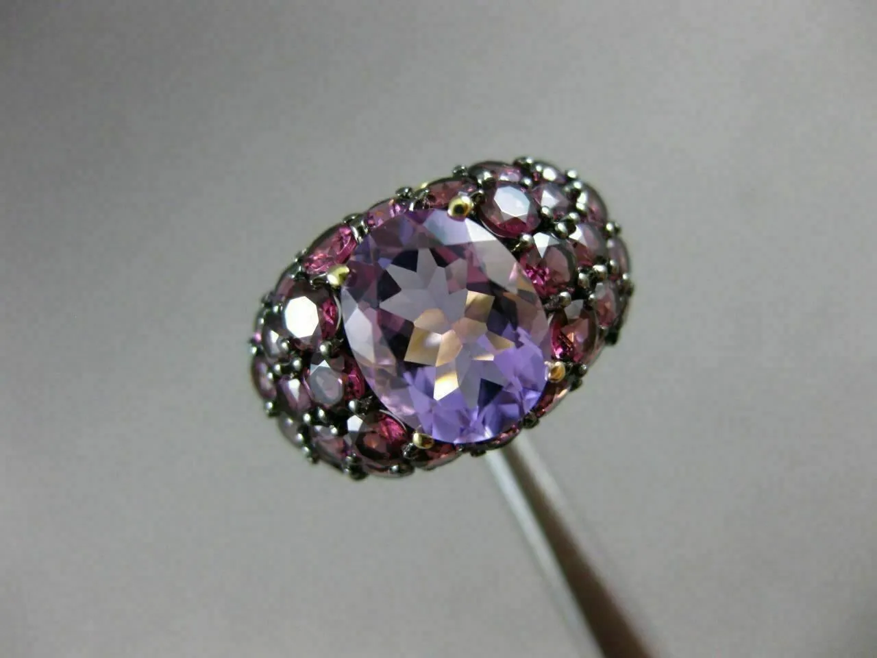 ANTIQUE LARGE 4.72CT AAA ROUND PINK GARNET & OVAL AMETHYST 14KT YELLOW GOLD RING