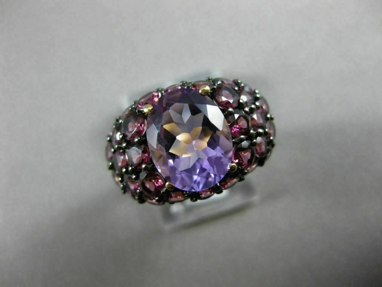 ANTIQUE LARGE 4.72CT AAA ROUND PINK GARNET & OVAL AMETHYST 14KT YELLOW GOLD RING