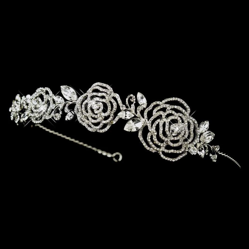 Antique Silver Crystal Flower Rose Headband