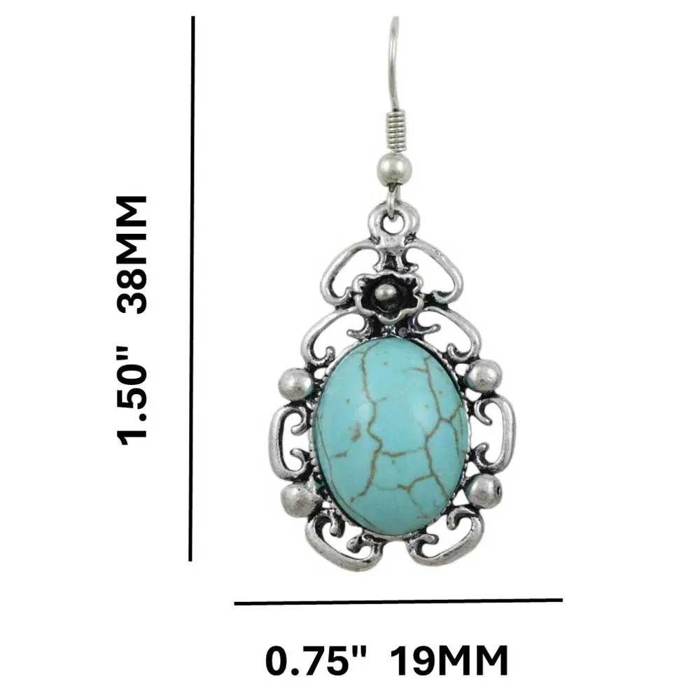 Antique Silver-tone Oval Turquoise Dangling Pierced Earring - FE506