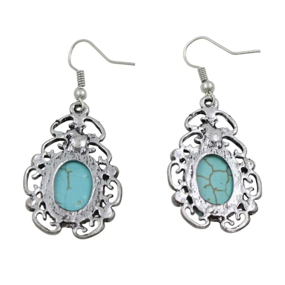 Antique Silver-tone Oval Turquoise Dangling Pierced Earring - FE506