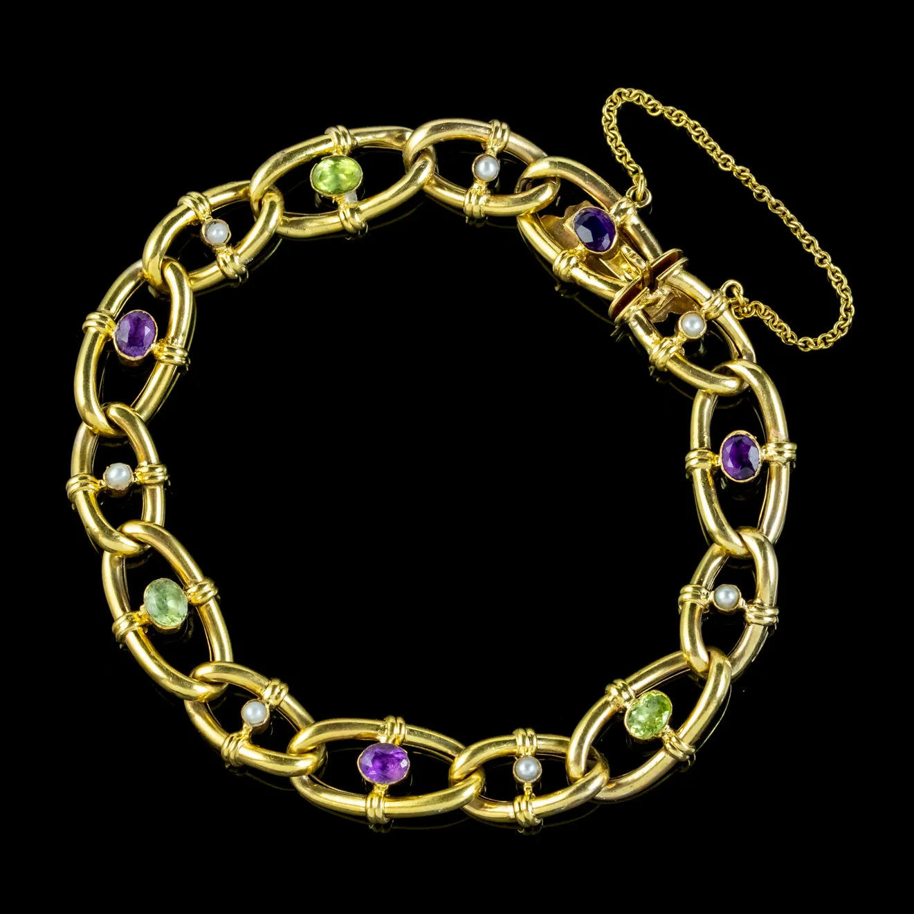 Antique Suffragette Edwardian Bracelet Peridot Pearl Amethyst 9ct Gold Circa 1910