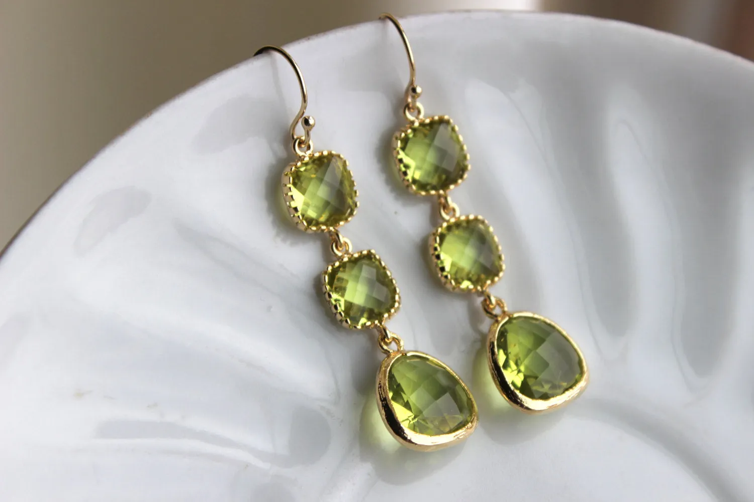 Apple Green Peridot Earrings Gold Three Tiered Jewelry - Peridot Bridesmaid Earrings - Green Wedding Earrings - Peridot Wedding Jewelry