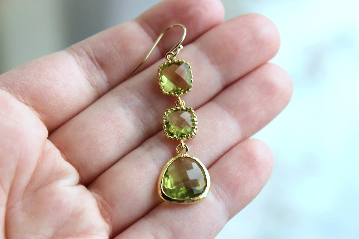 Apple Green Peridot Earrings Gold Three Tiered Jewelry - Peridot Bridesmaid Earrings - Green Wedding Earrings - Peridot Wedding Jewelry