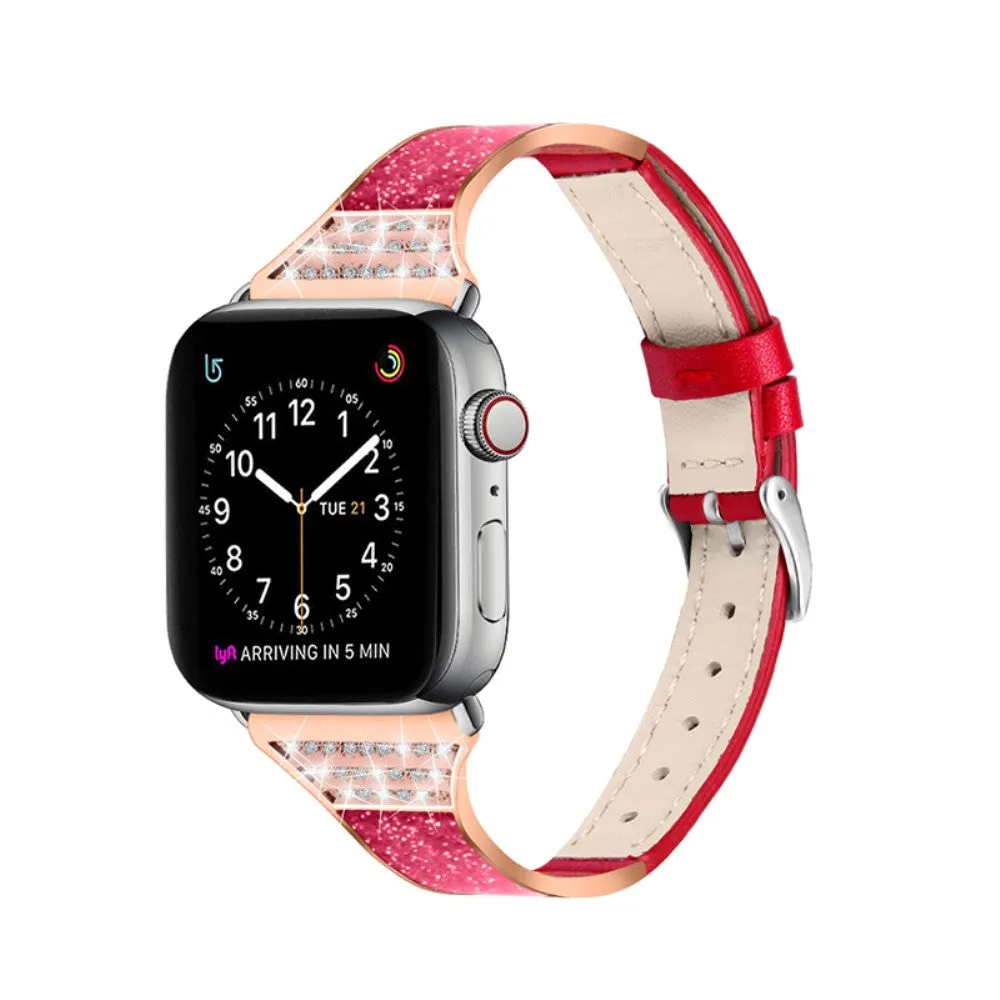 Apple Watch (45mm) rhinestone décor genuine leather watch strap - Red