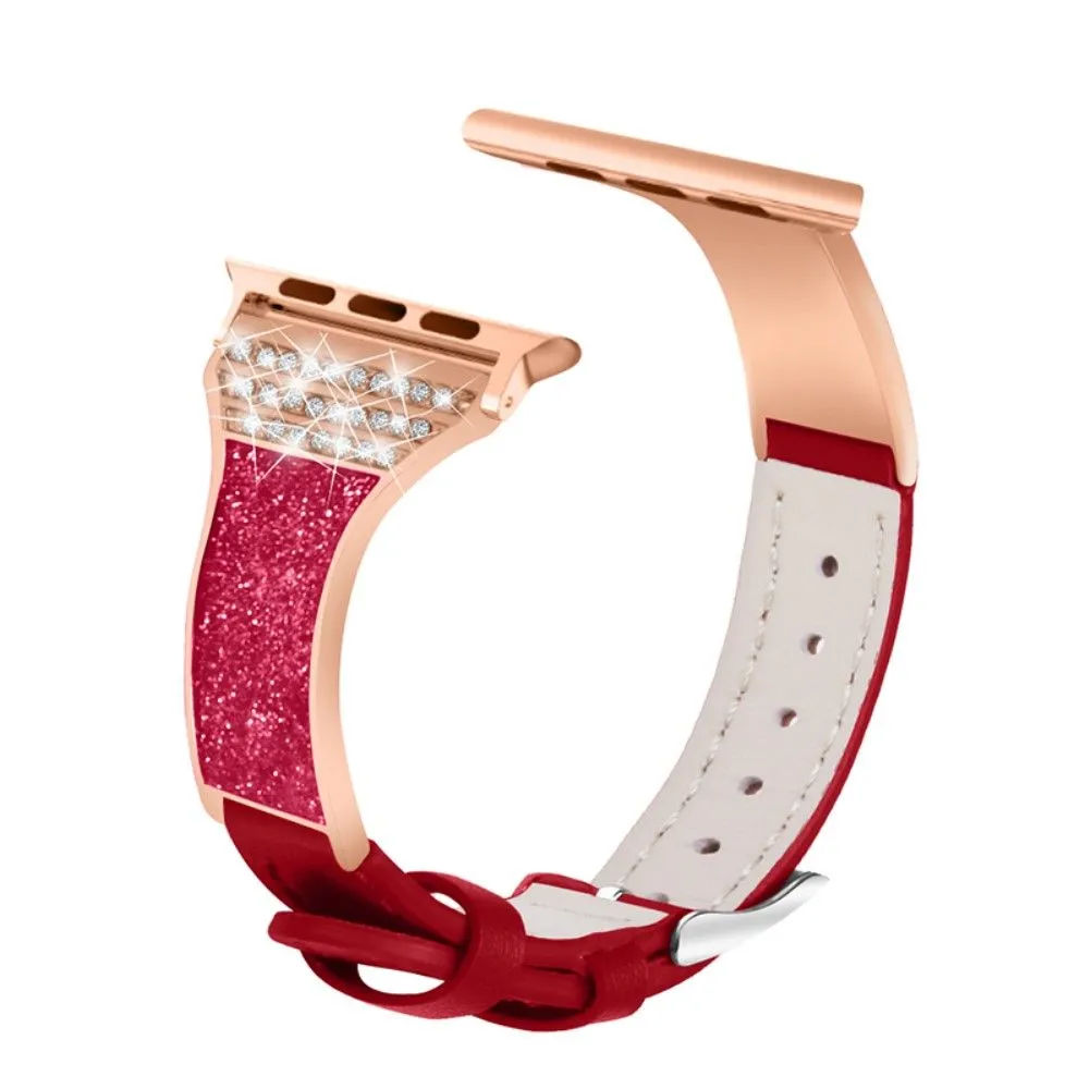 Apple Watch (45mm) rhinestone décor genuine leather watch strap - Red