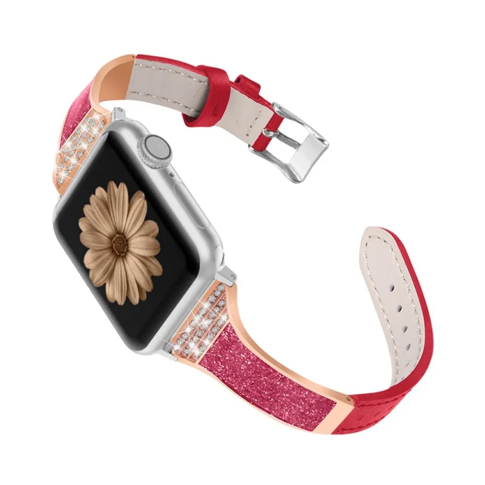 Apple Watch (45mm) rhinestone décor genuine leather watch strap - Red