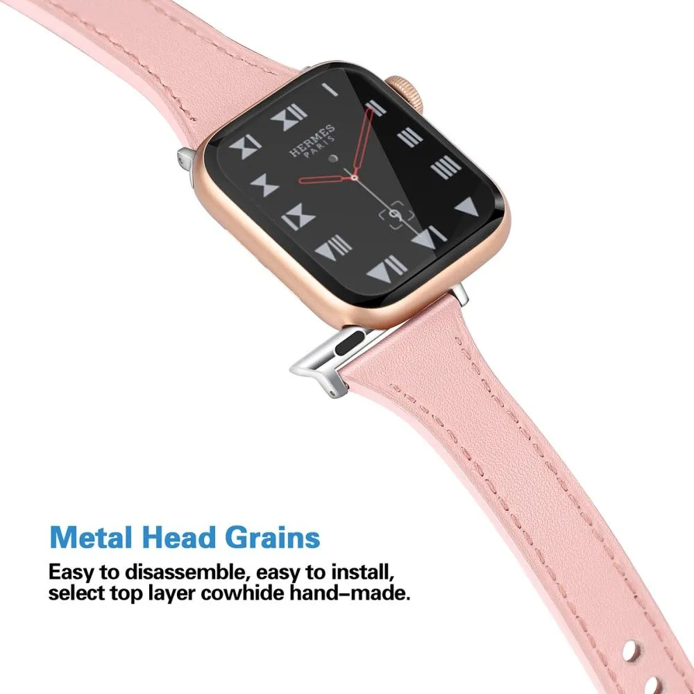 Apple Watch (45mm) stitching line genuine leather watch strap - Pink / Size: L