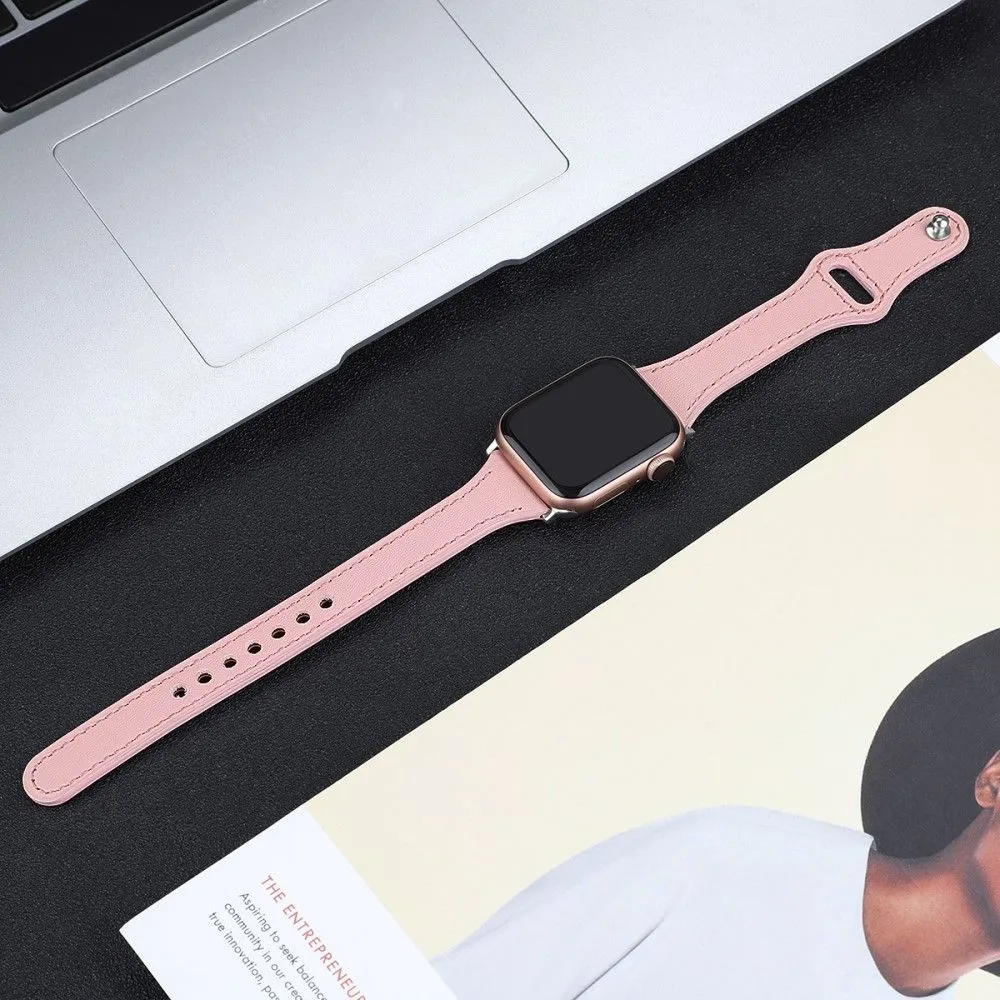 Apple Watch (45mm) stitching line genuine leather watch strap - Pink / Size: L