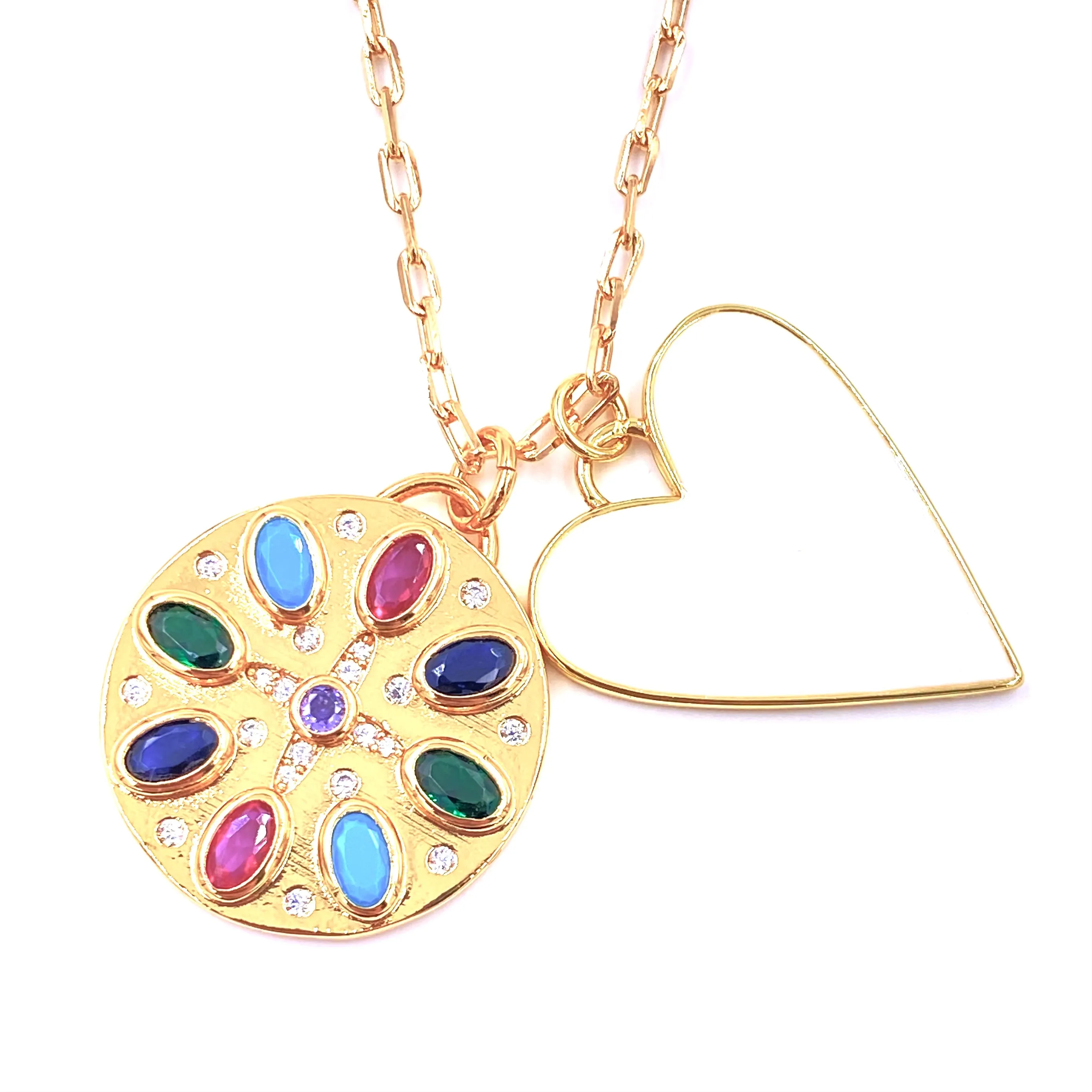 Ashley Gold Stainless Steel Gold Plated Circle CZ Multi-Colored Pendant And Enamel White Heart Pendant Necklace