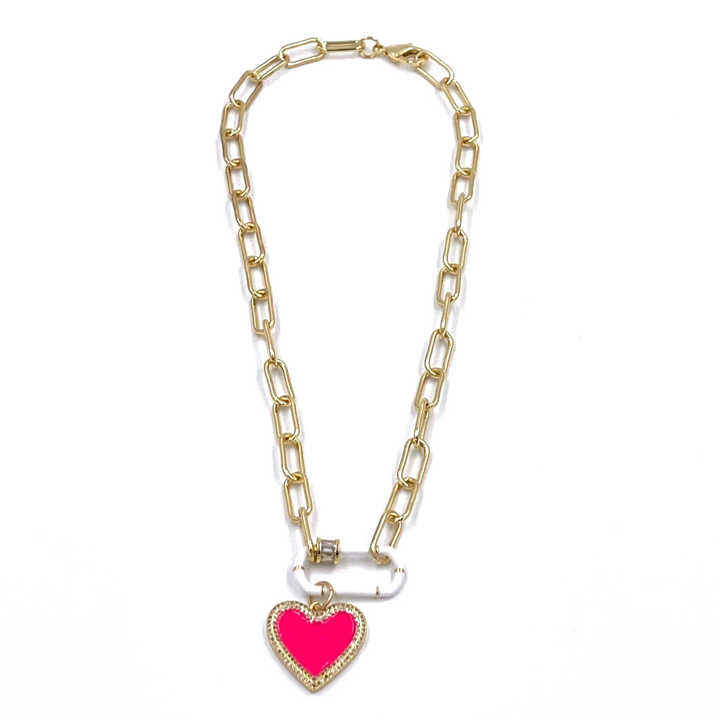 Ashley Gold Stainless Steel Gold Plated White Enamel Hot Pink Heart Necklace