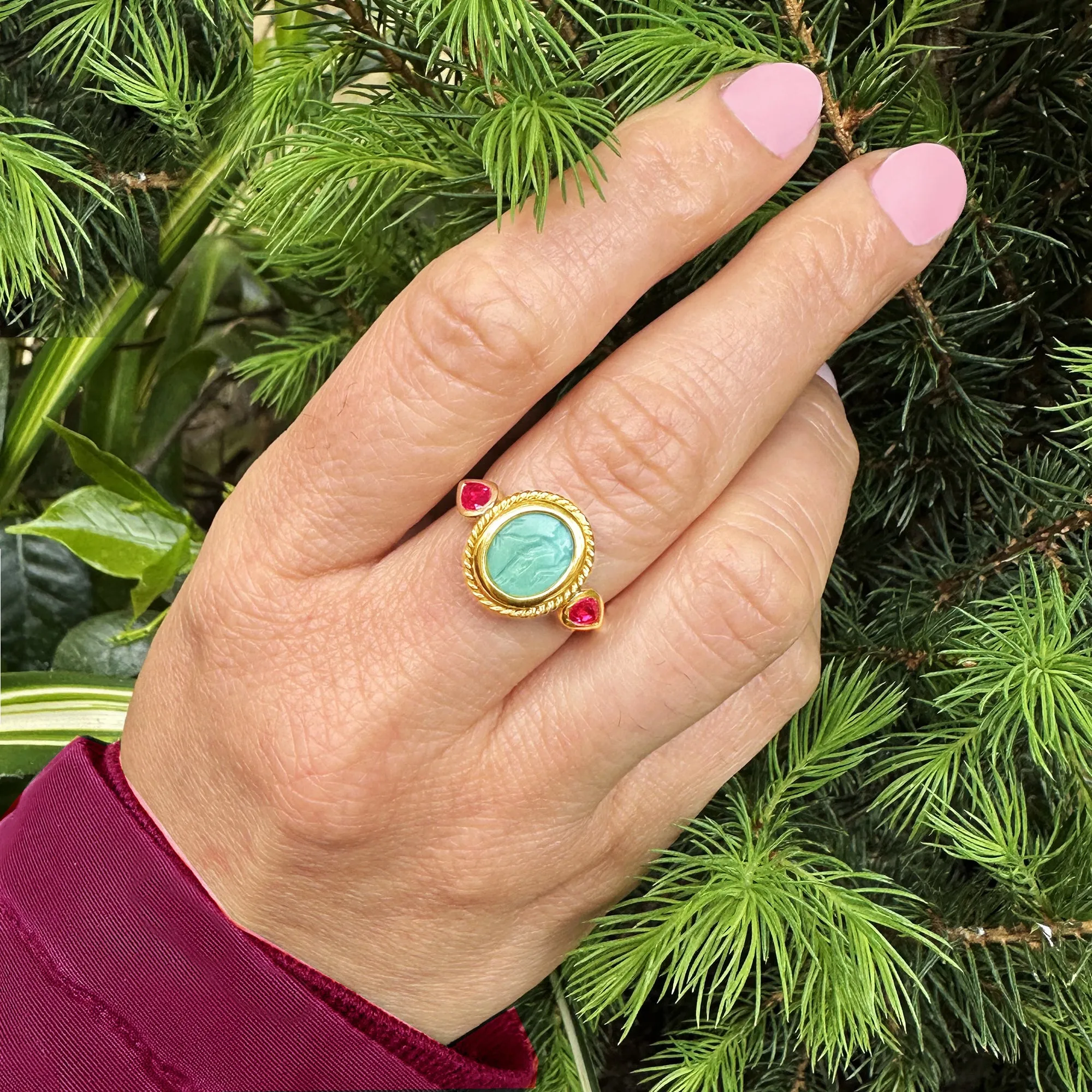 Authentic Ancient Roman Turquoise Intaglio 1st Cent. AD and two rubies 18 Kt Gold Ring depicting Goddess Fortuna