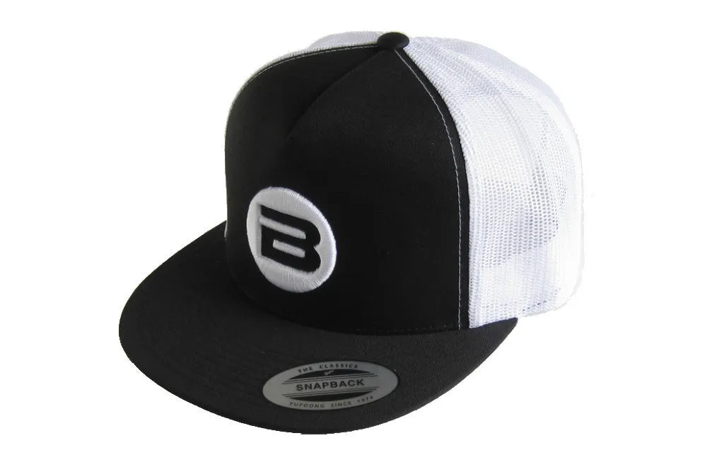 B Logo Cap, White on Black & White Hat