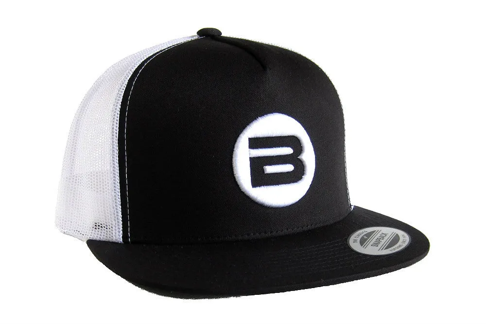 B Logo Cap, White on Black & White Hat