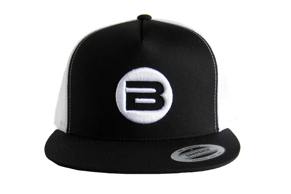 B Logo Cap, White on Black & White Hat