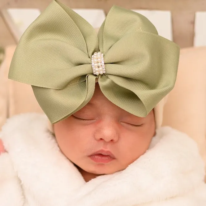 Beige Hat with Sage Green Big Bow with Pearl and Rhinestone Center Newborn Girl Hospital Hat