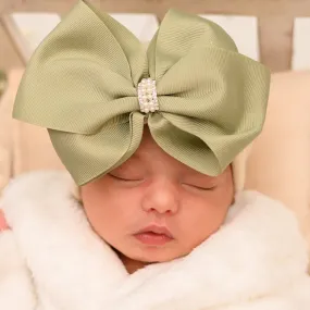 Beige Hat with Sage Green Big Bow with Pearl and Rhinestone Center Newborn Girl Hospital Hat