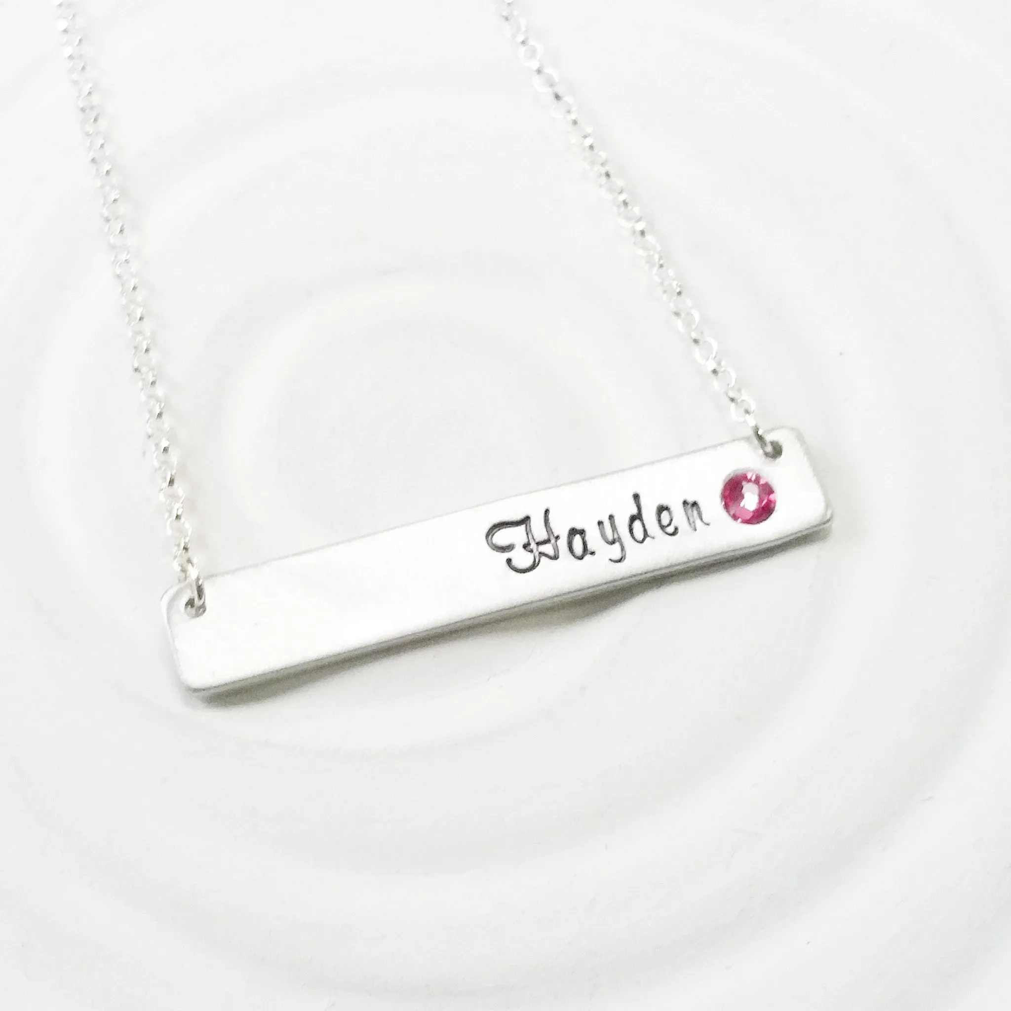 Birthstone Bar Necklace | Delicate Script