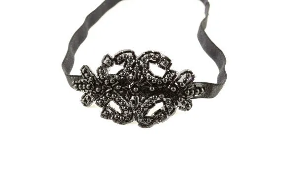 Black Beaded Applique Headband - Hair Accessory