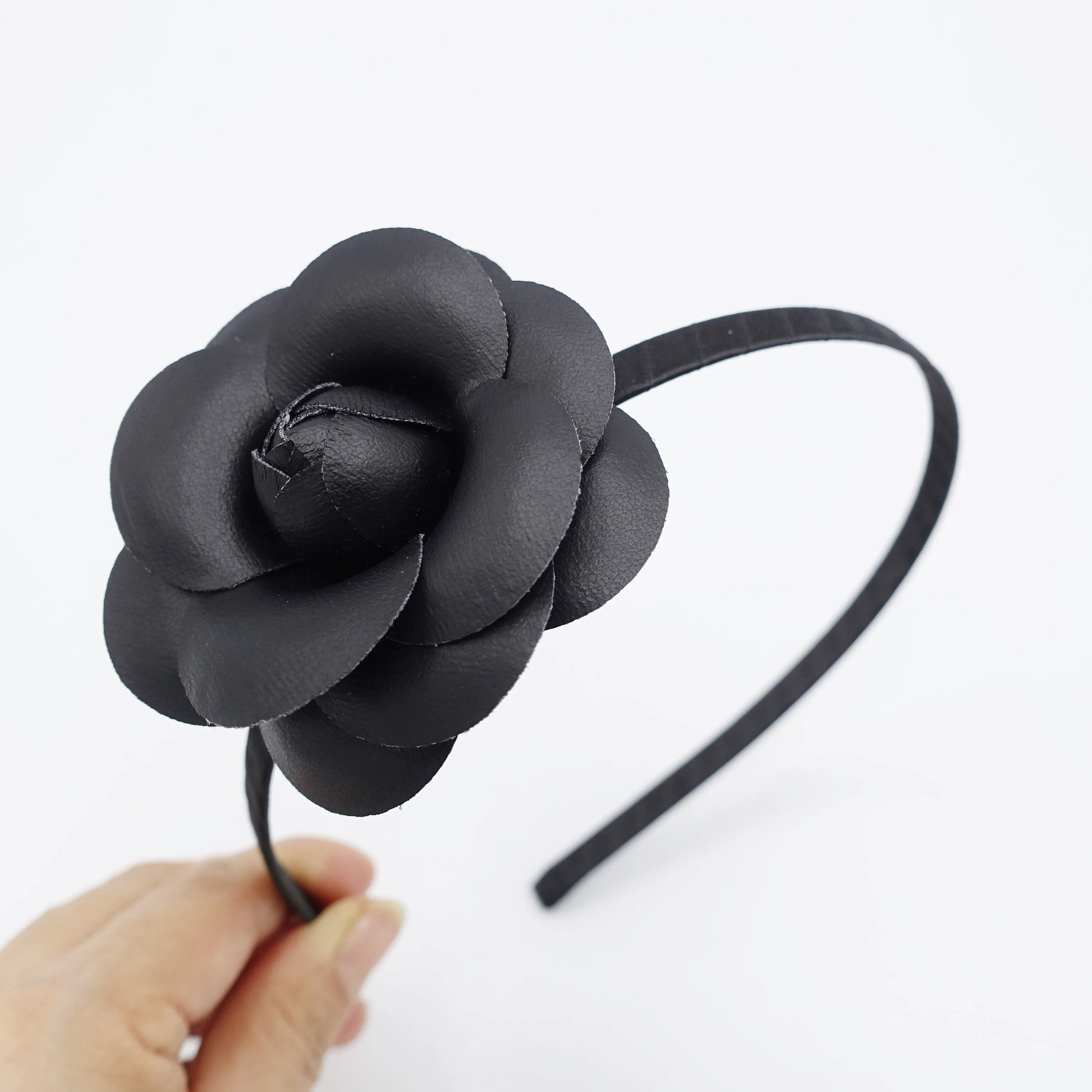 black camellia headband thin velvet leather flower headband nd for women