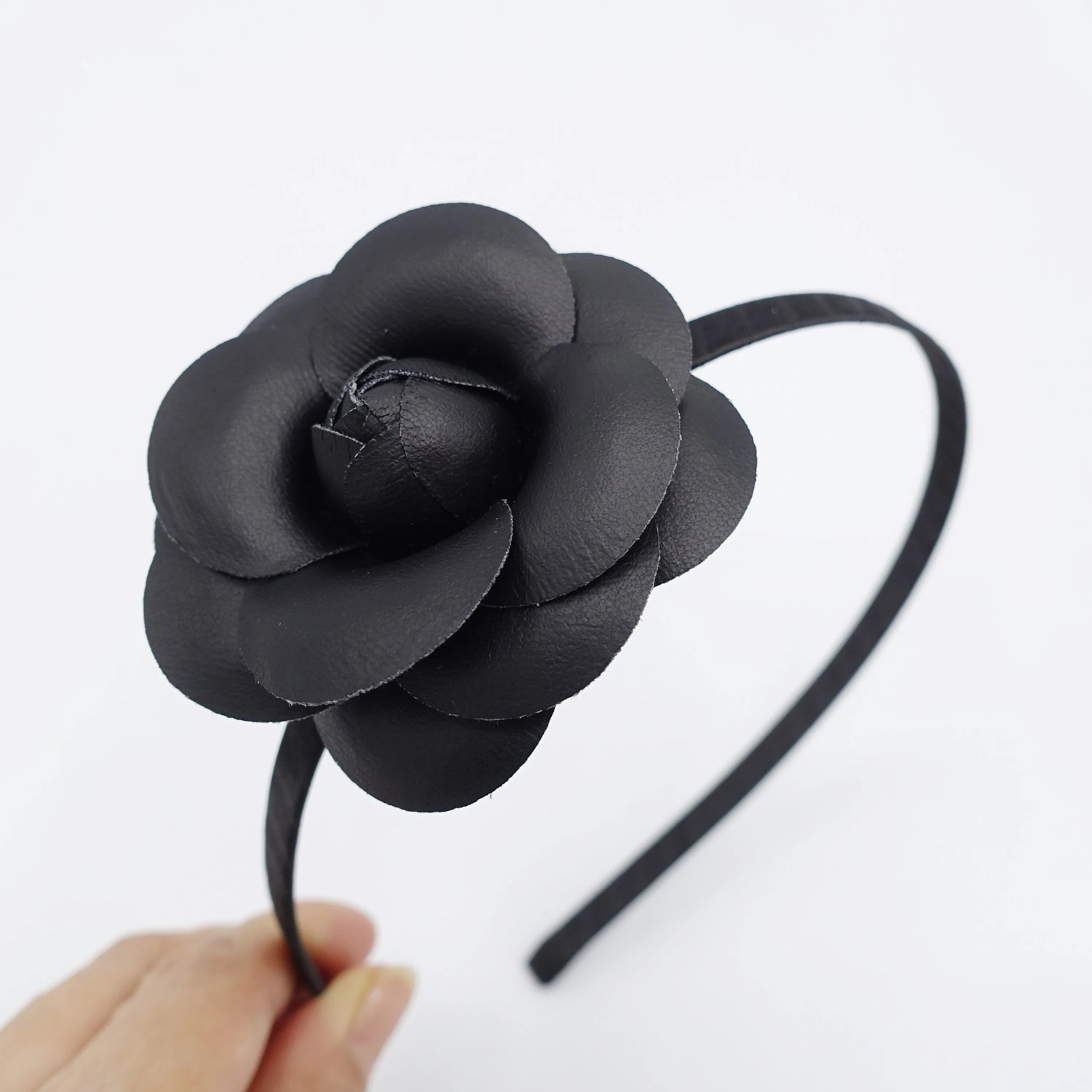 black camellia headband thin velvet leather flower headband nd for women