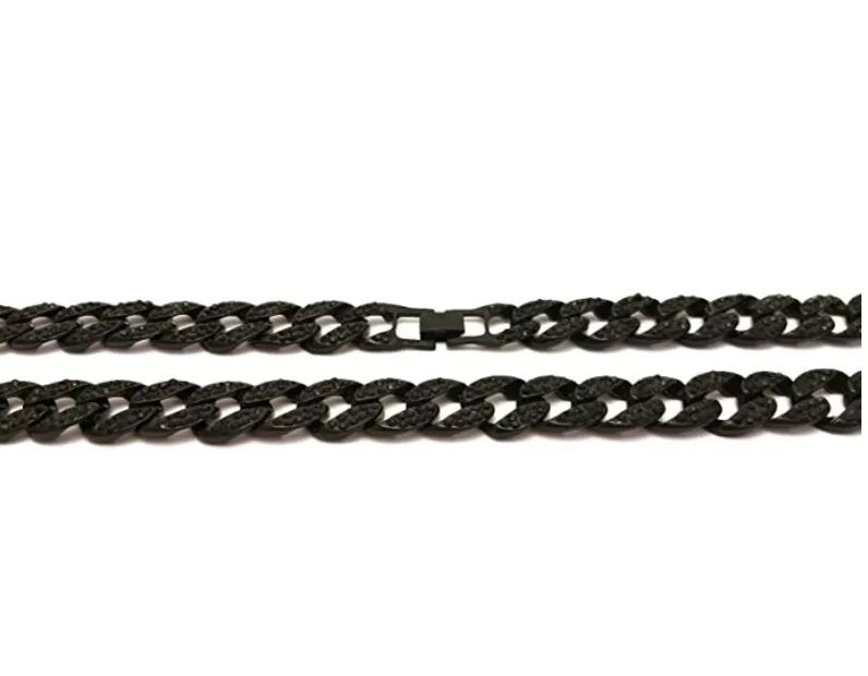 Black Cuban Link Chain Necklace Bust Down Simulated Diamond Necklace Miami Rapper Chain Bling Hip Hop Jewelry