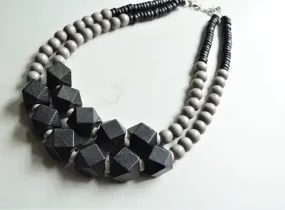 Black Gray Wood Beaded Chunky Block Bead Statement Necklace - Riley