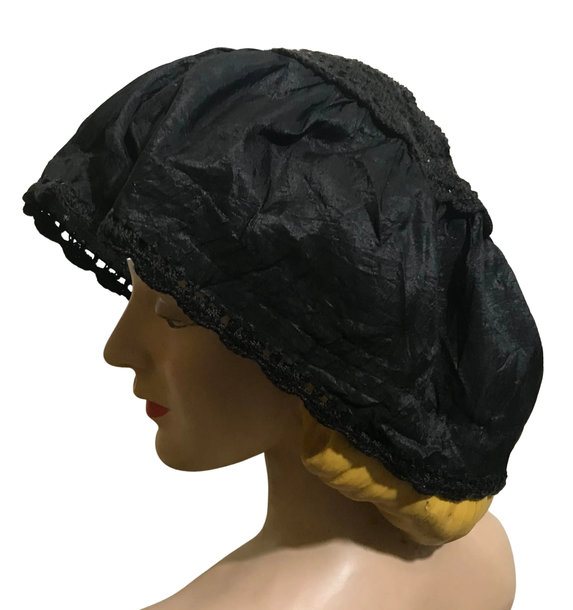 Black Silk Crocheted Crown MOB Cap Hat circa Early 1900s