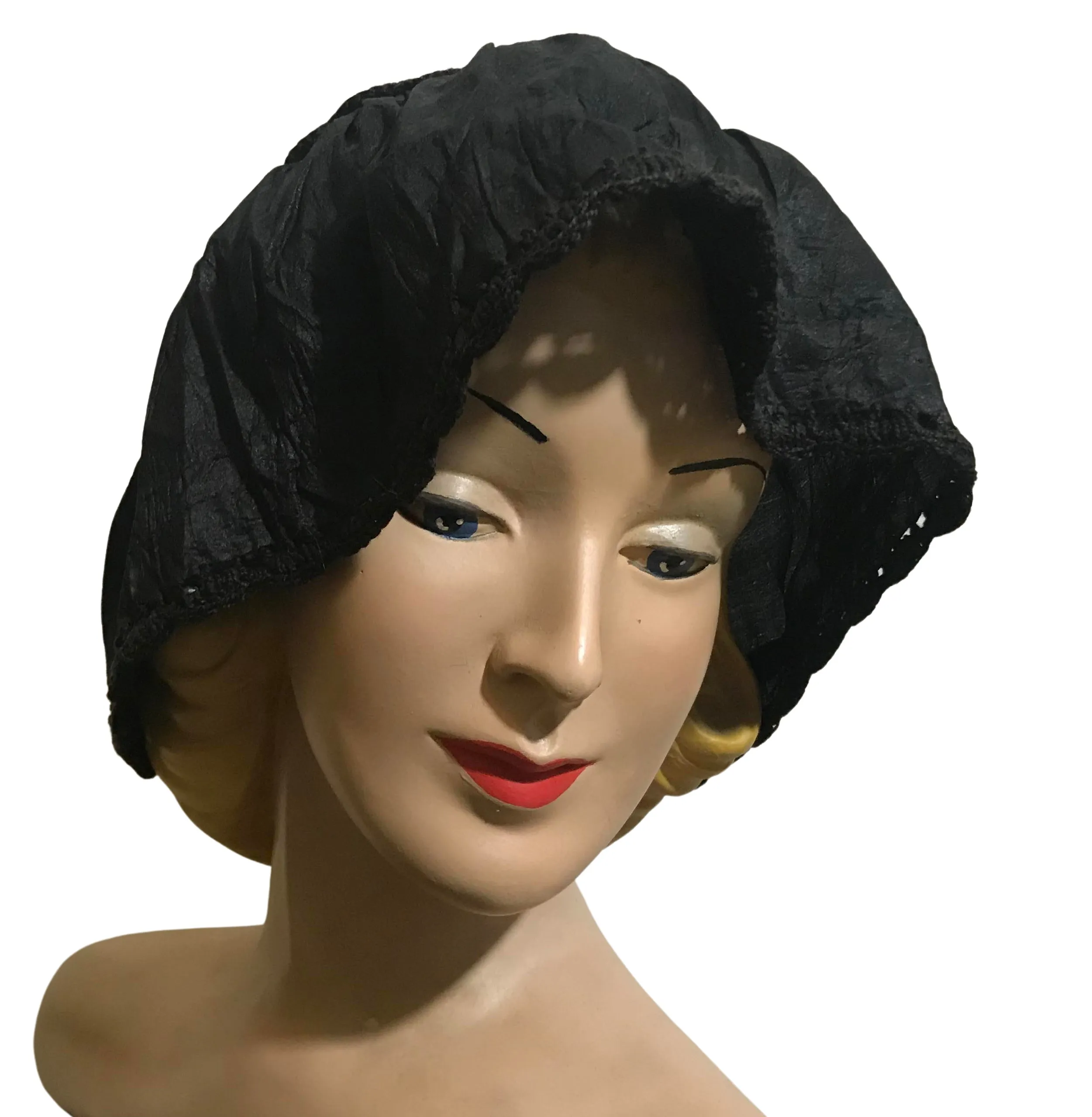 Black Silk Crocheted Crown MOB Cap Hat circa Early 1900s