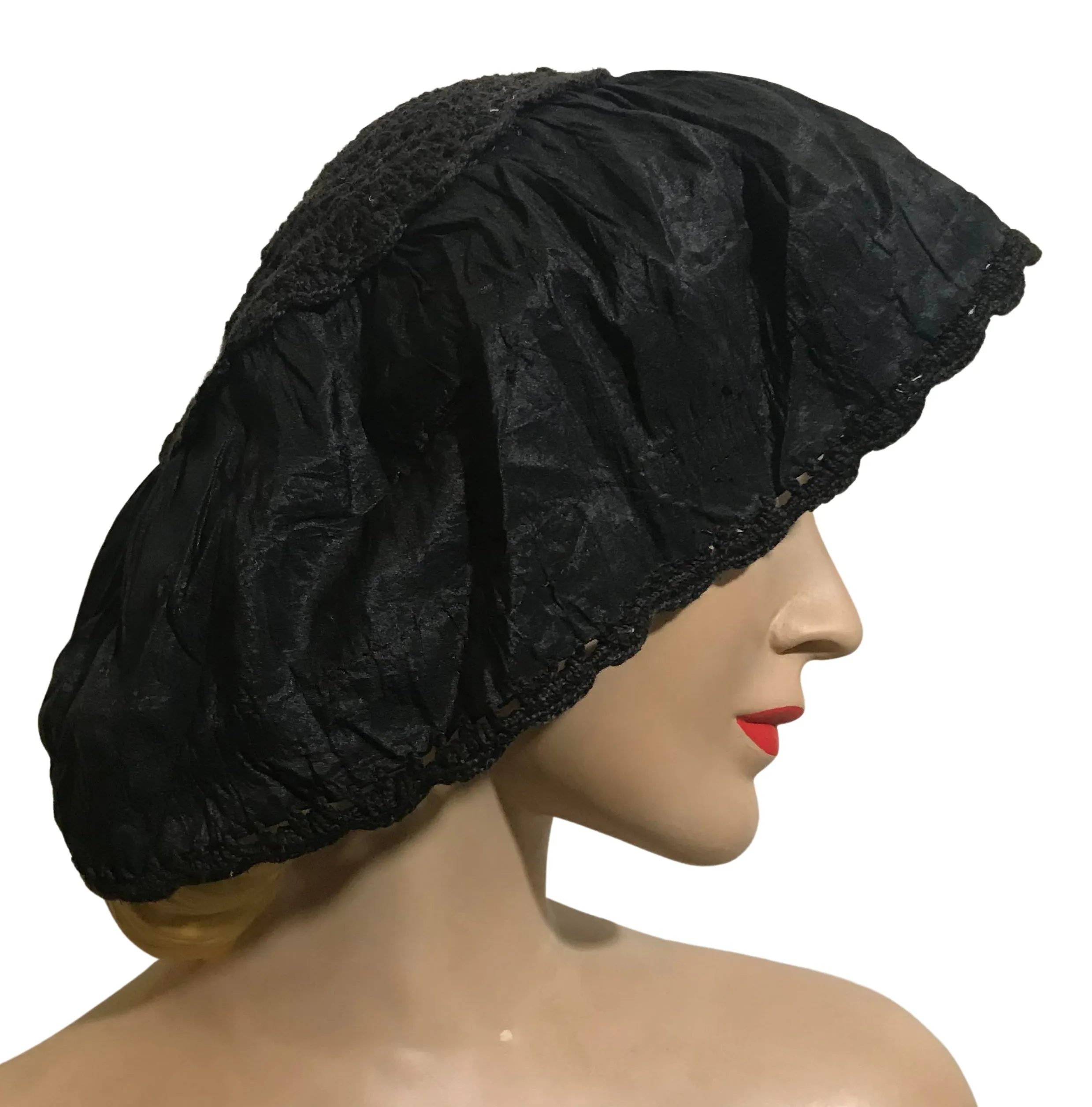 Black Silk Crocheted Crown MOB Cap Hat circa Early 1900s