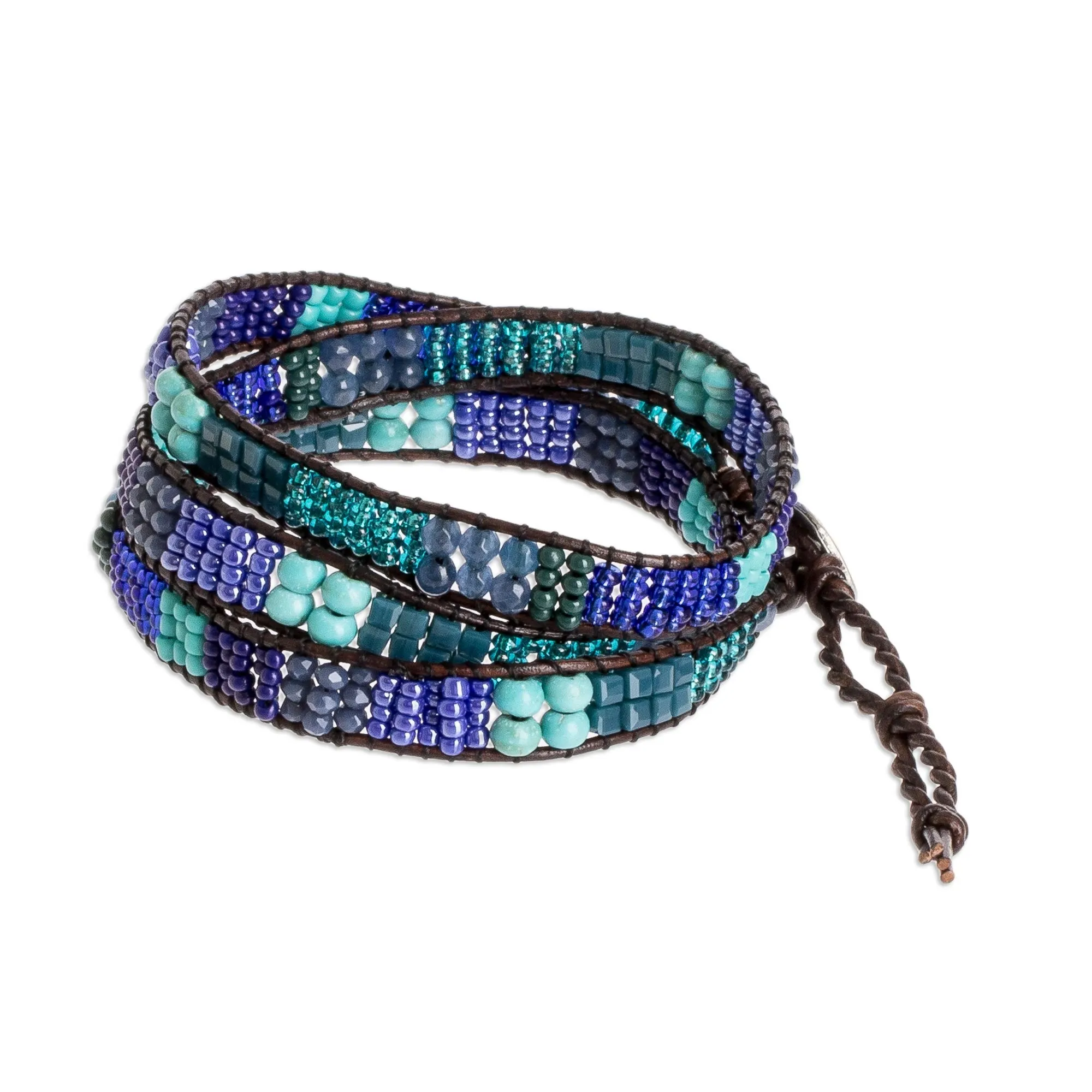 Blue and Sea Green Beaded Bracelet with Leather Trim - Leather-Bound Sea | NOVICA