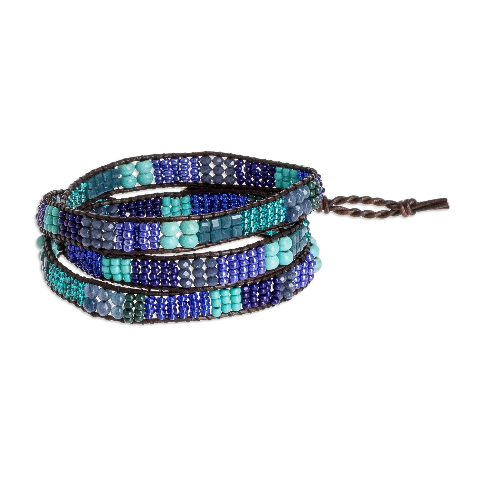 Blue and Sea Green Beaded Bracelet with Leather Trim - Leather-Bound Sea | NOVICA