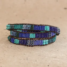 Blue and Sea Green Beaded Bracelet with Leather Trim - Leather-Bound Sea | NOVICA