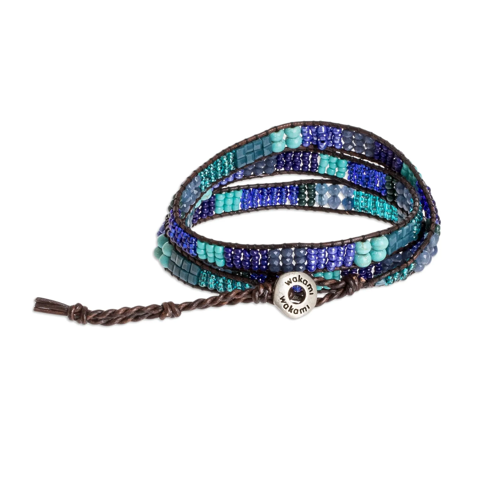 Blue and Sea Green Beaded Bracelet with Leather Trim - Leather-Bound Sea | NOVICA