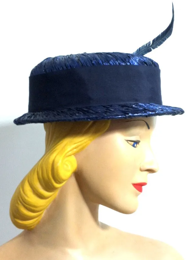 Blue Sisal Straight Brim Hat w/ Narrow Plume circa 1960s