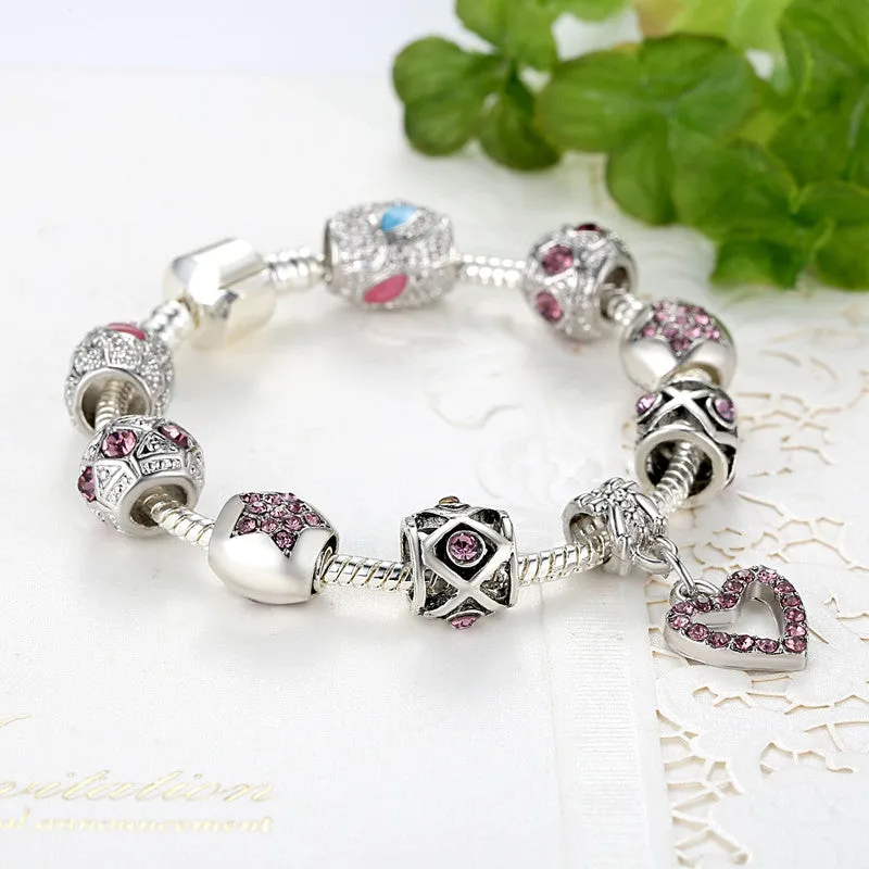 Bracelets For Women Tibetan Silver Plated&Crystal Heart Charm Bracelet&Bangle With CZ Diamond Bracelet Jewelry Pulseira