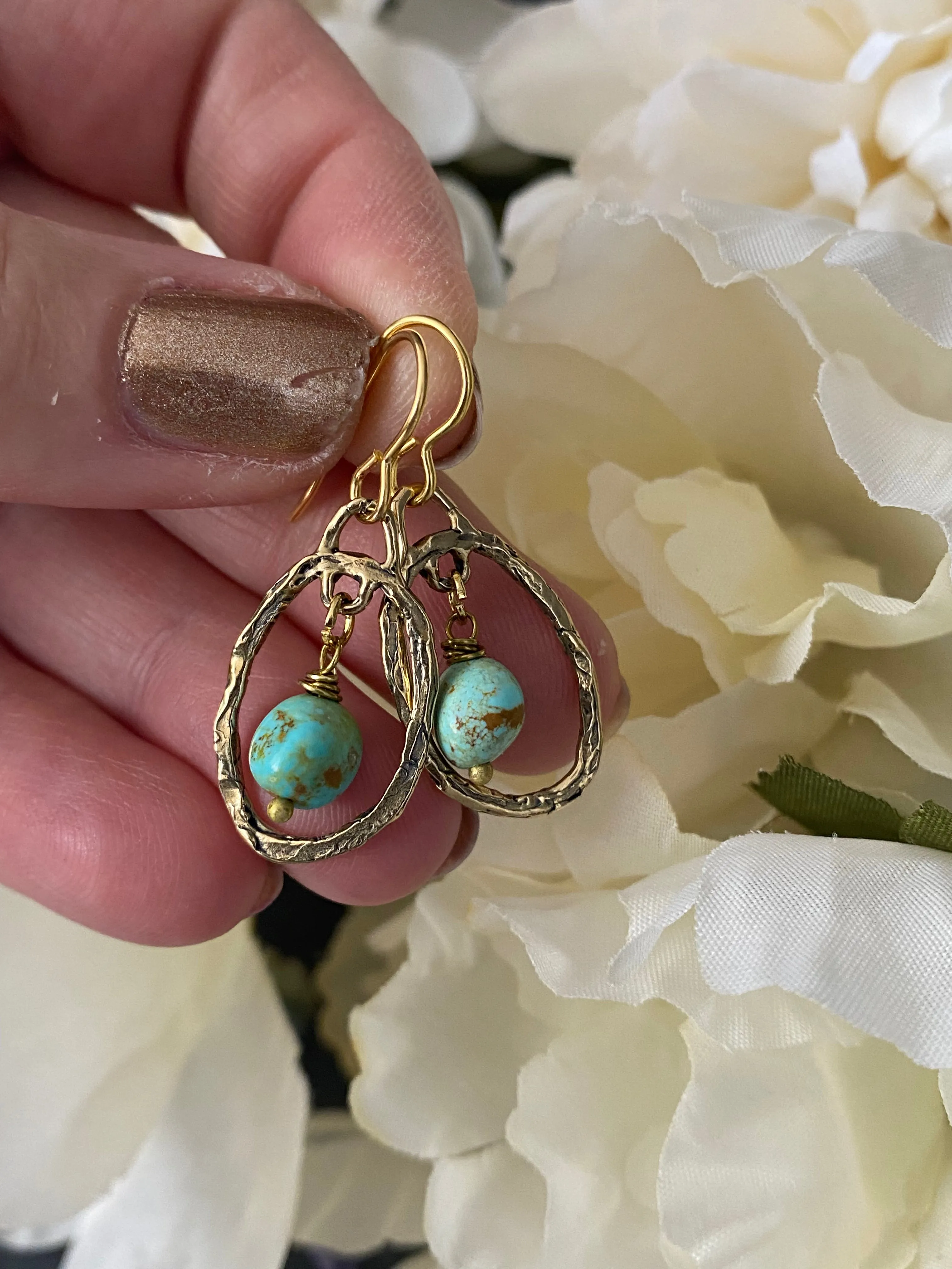 Bronze handmade charms with Kingman turquoise, brass metal, earrings