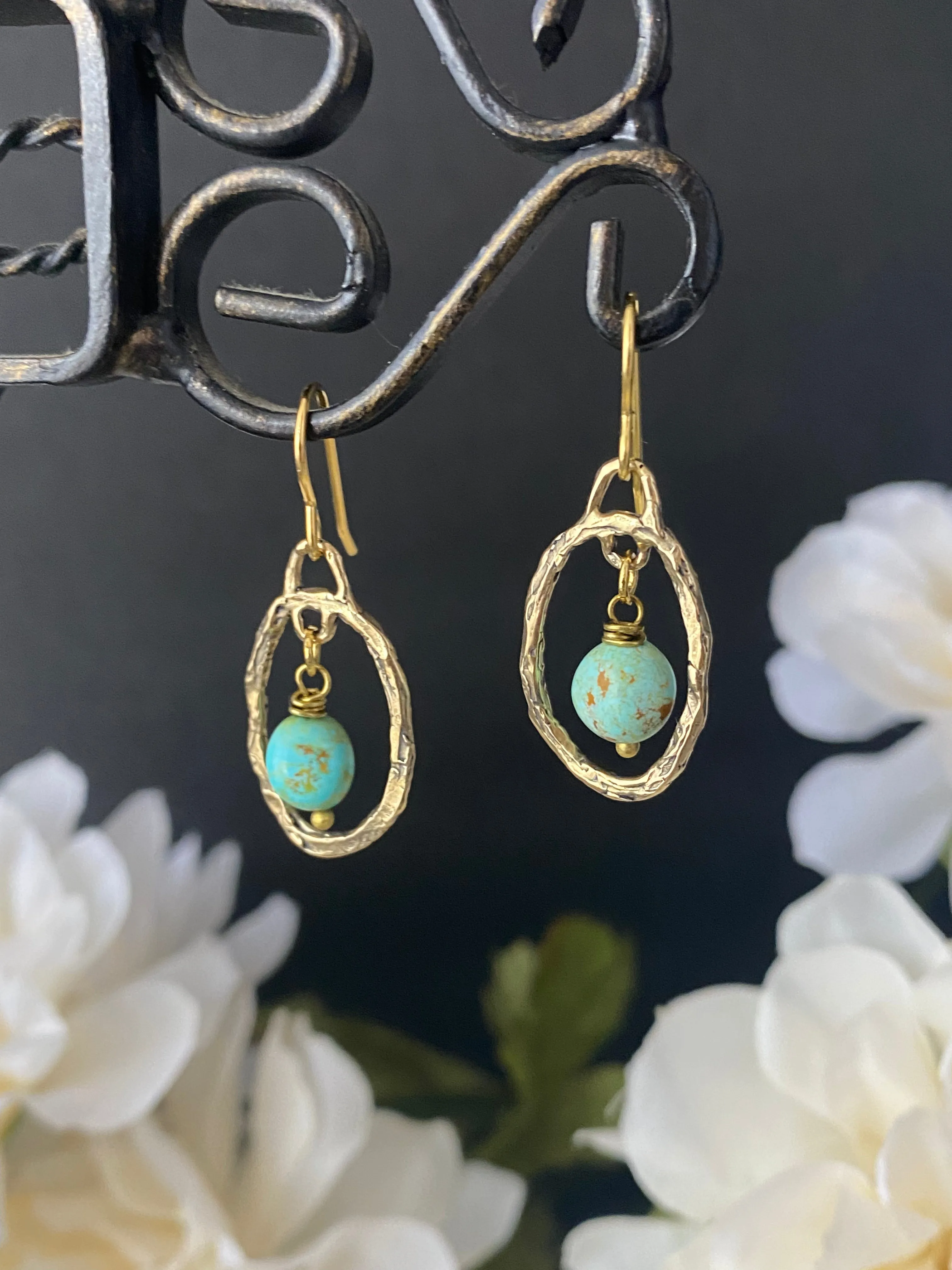 Bronze handmade charms with Kingman turquoise, brass metal, earrings