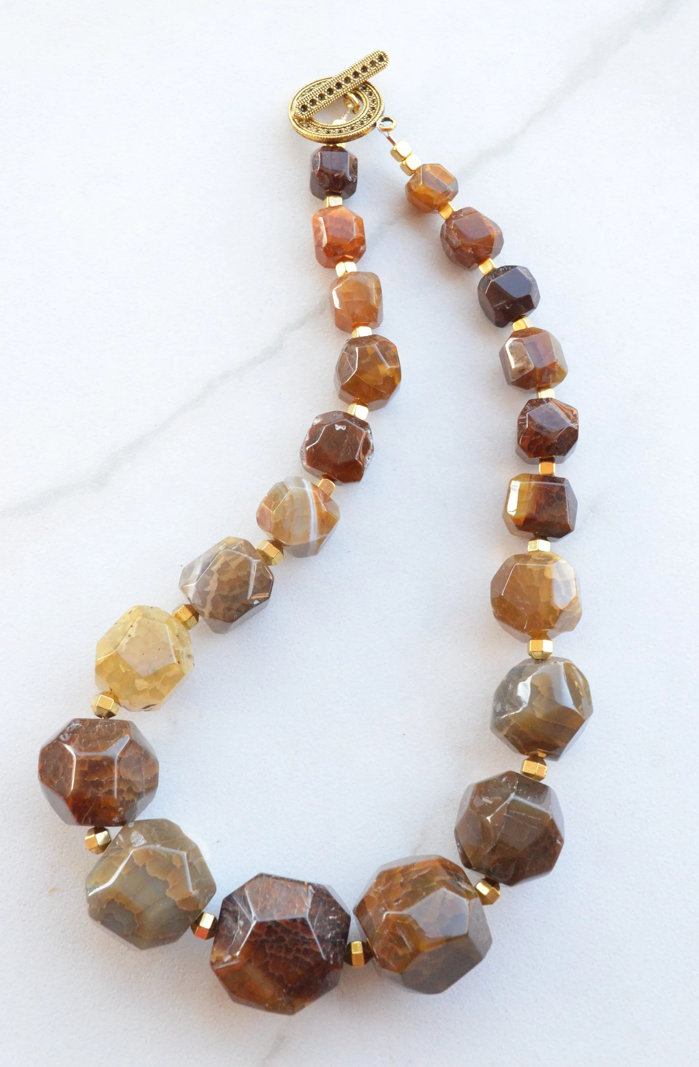 Brown Yellow Statement Beaded Agate Gemstone Chunky Stone Womens Necklace - Gemma